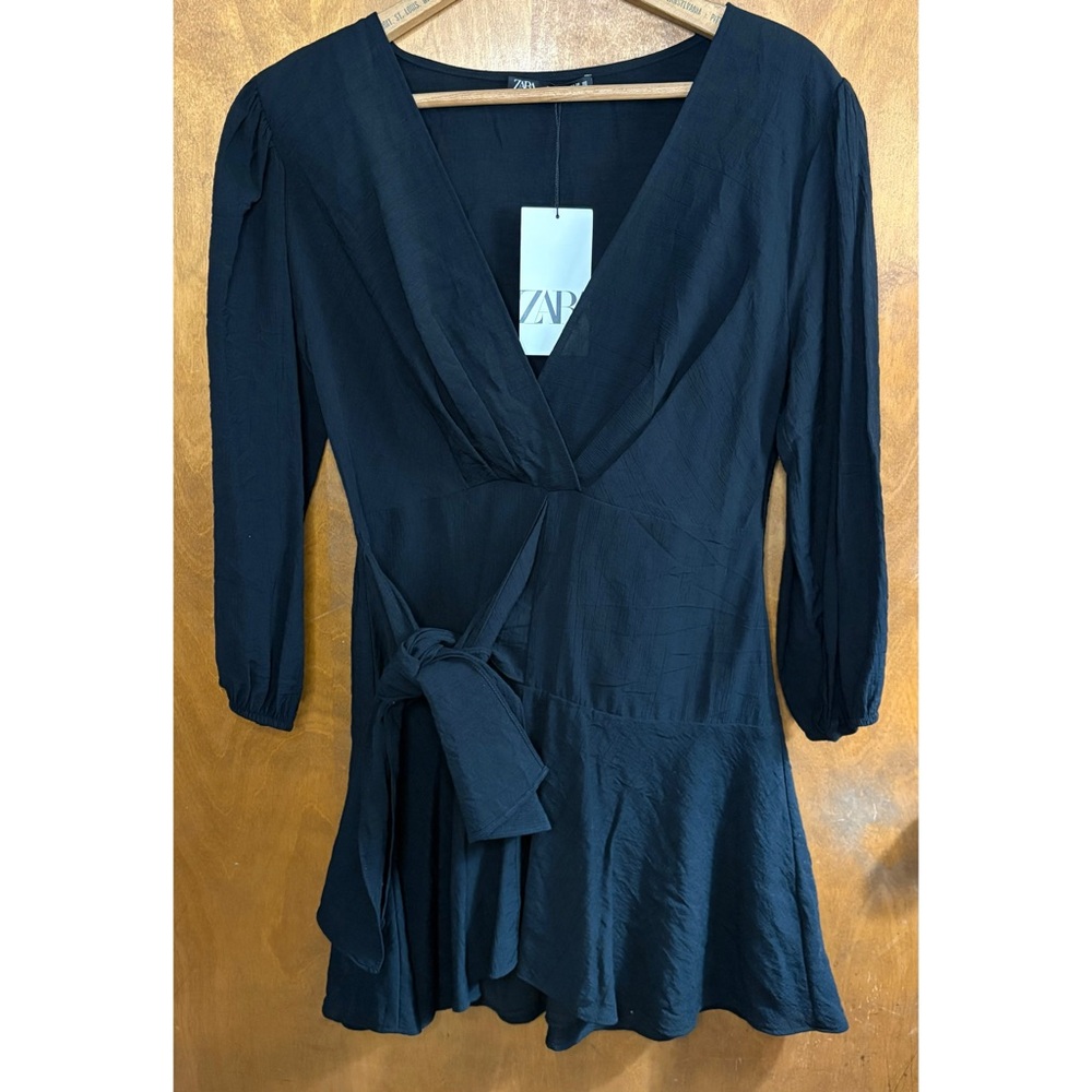 Zara Black Long Puff Sleeve Tie Waist A-Line Mini Dress NWT V-Neck Resort Formal